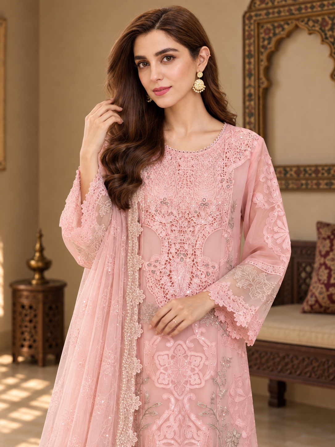 MOMINA "Leher" Embroidered Chiffon 3-Piece Suit - Blush Pink