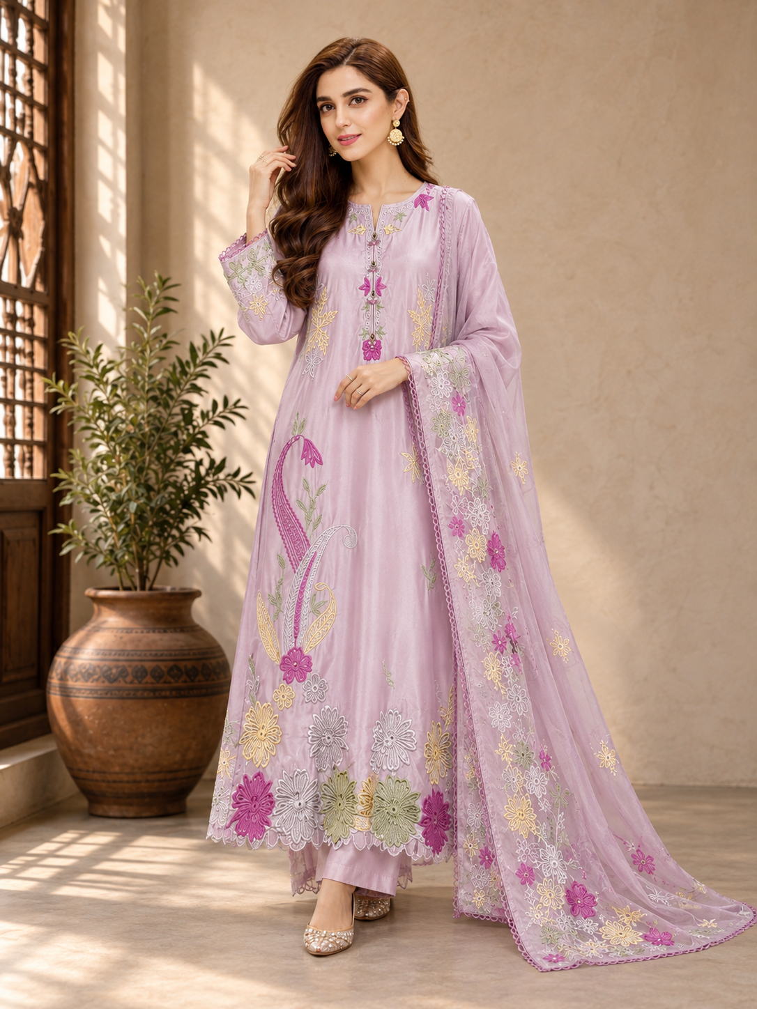 MOMINA Silk Kaftan Embroidered 3-Piece Suit - Lilac