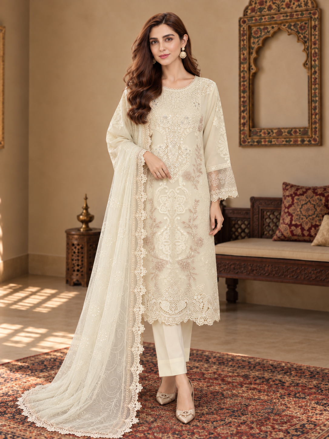 MOMINA "Leher" Embroidered Chiffon 3-Piece Suit - Ivory