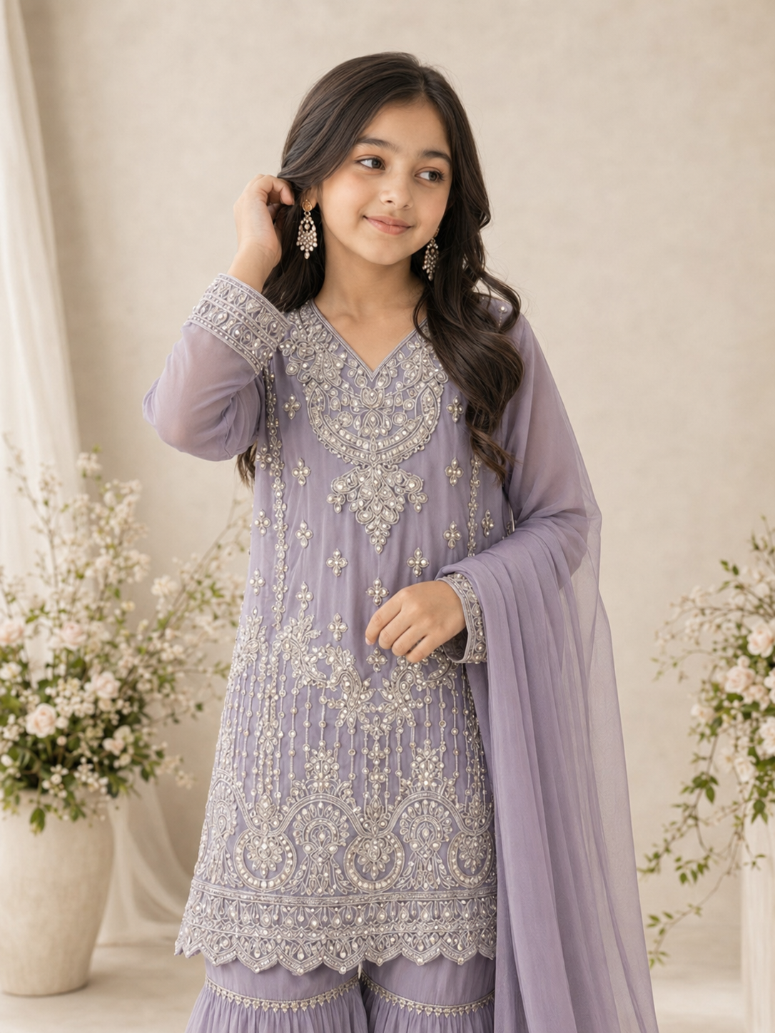 Girls Chiffon Embroidered Gharara Suit - Lilac