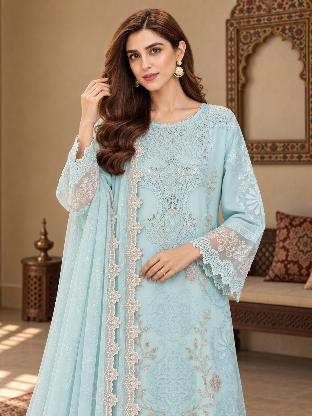 MOMINA "Leher" Embroidered Chiffon 3-Piece Suit - Powder Blue