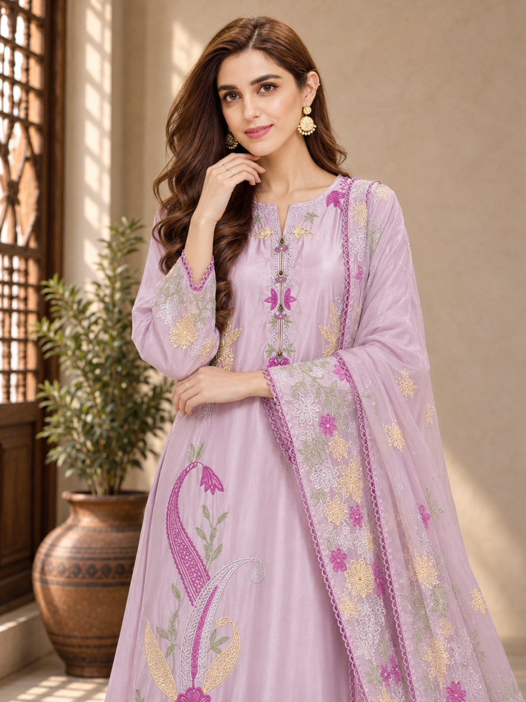 MOMINA Silk Kaftan Embroidered 3-Piece Suit - Lilac