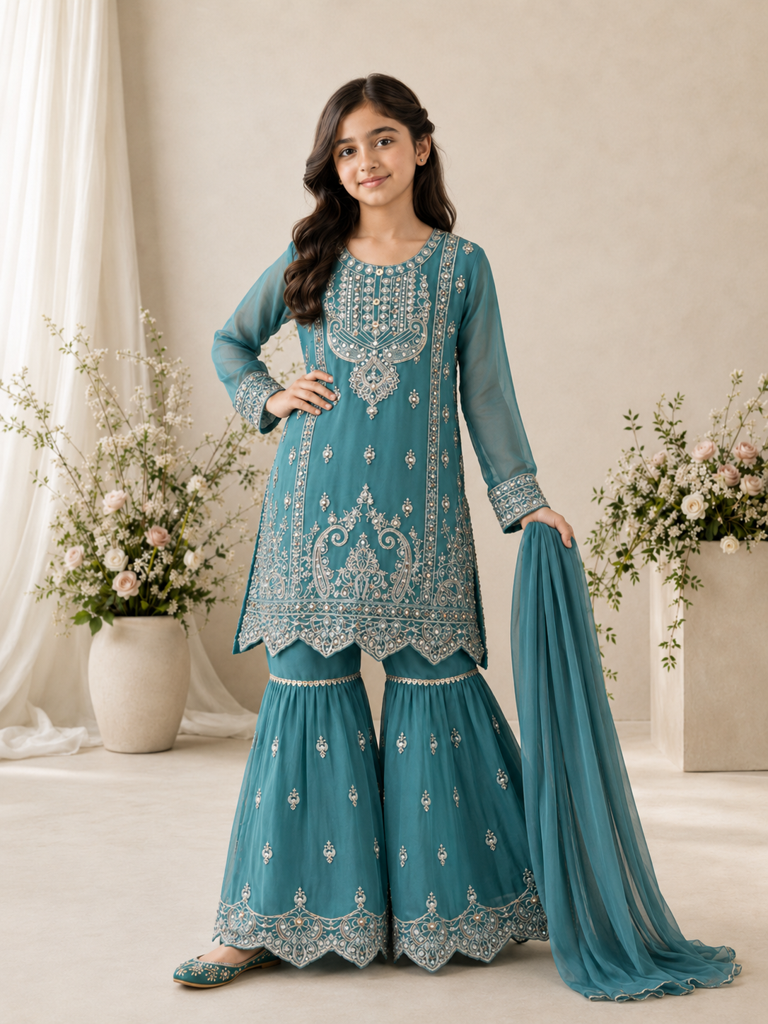 Girls Chiffon Embroidered Gharara Suit - Aqua