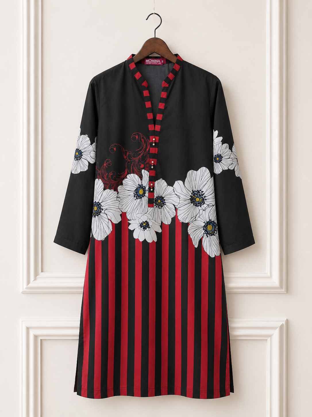 Printed Silk Kurta Striped Shirt - Black and Red