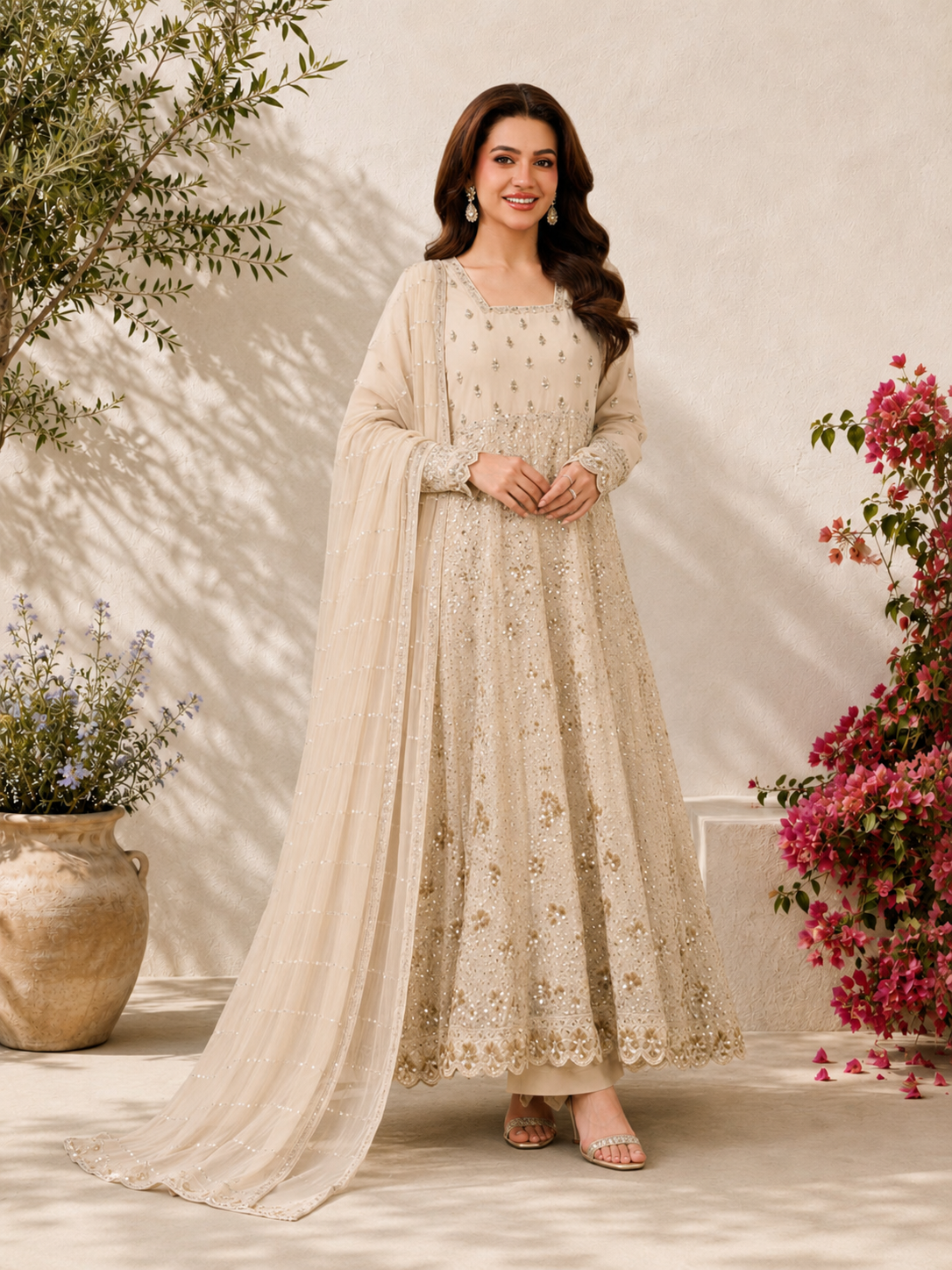 MOMINA "Dilkash" Embroidered Chiffon Dress Suit - Beige