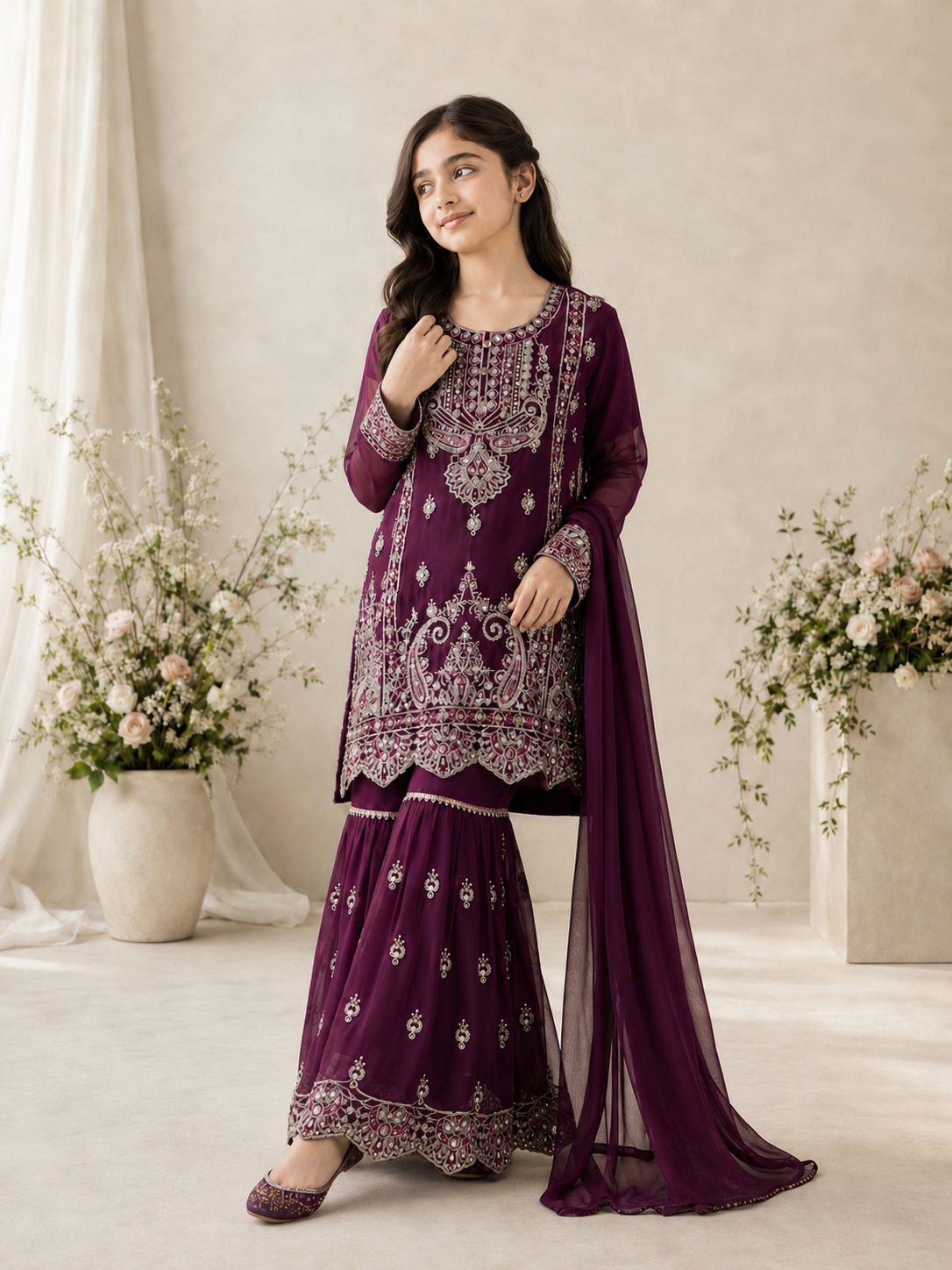 Girls Chiffon Embroidered Gharara Suit - Plum