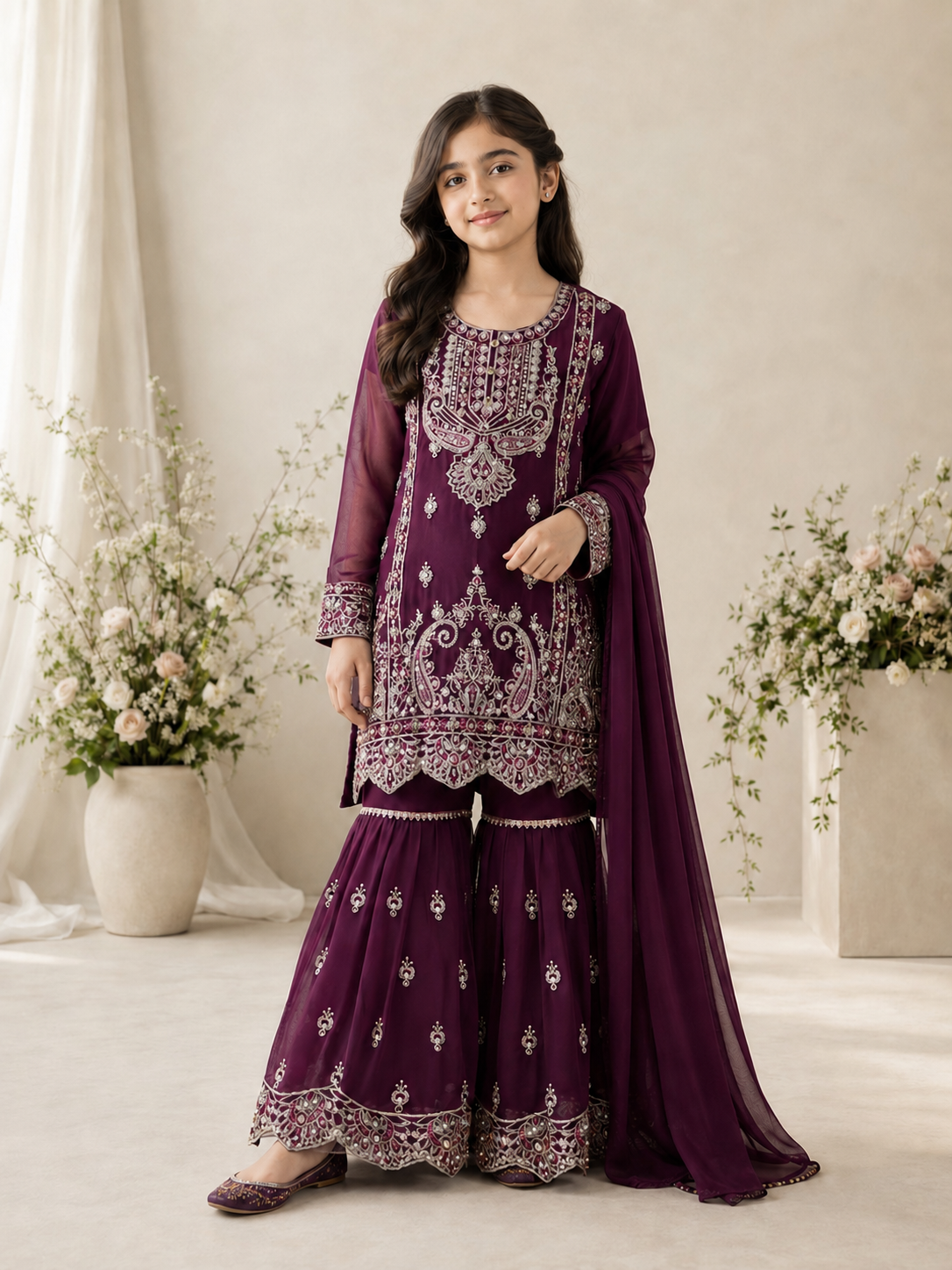 Girls Chiffon Embroidered Gharara Suit - Plum