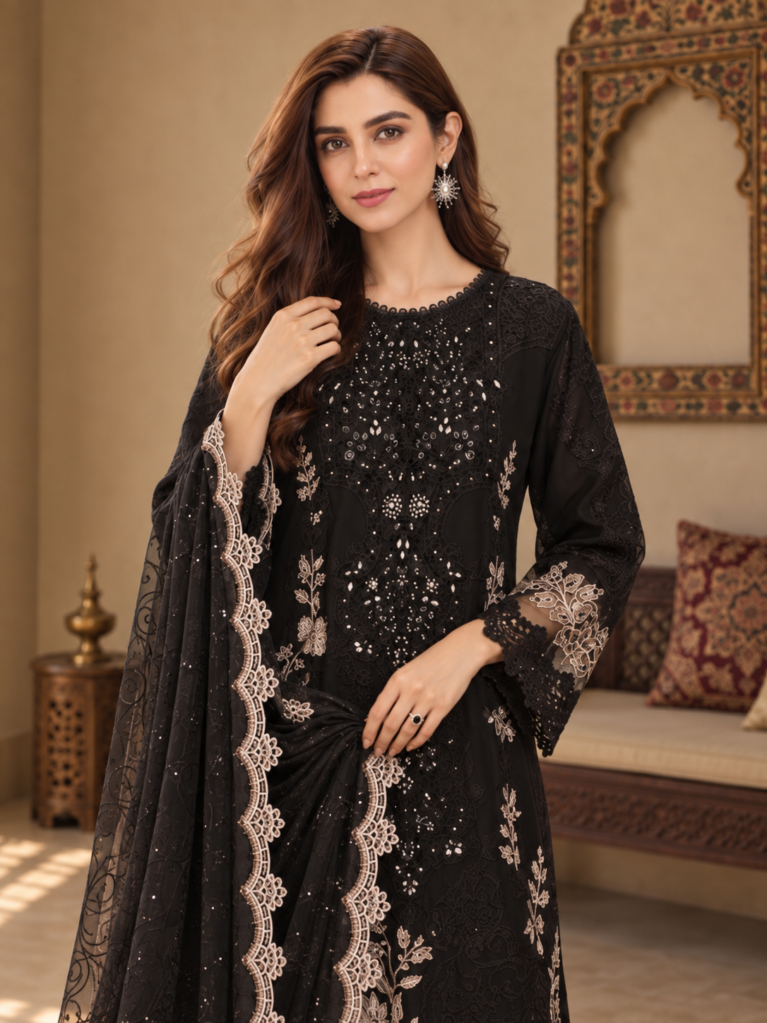 MOMINA "Leher" Embroidered Chiffon 3-Piece Suit - Black