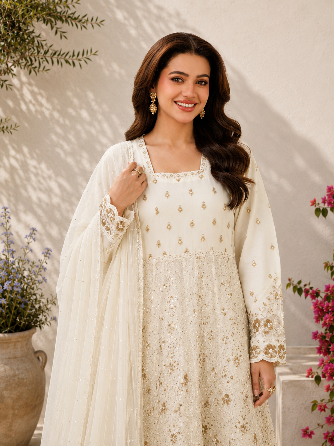 MOMINA "Dilkash" Embroidered Chiffon Dress Suit - Off-White
