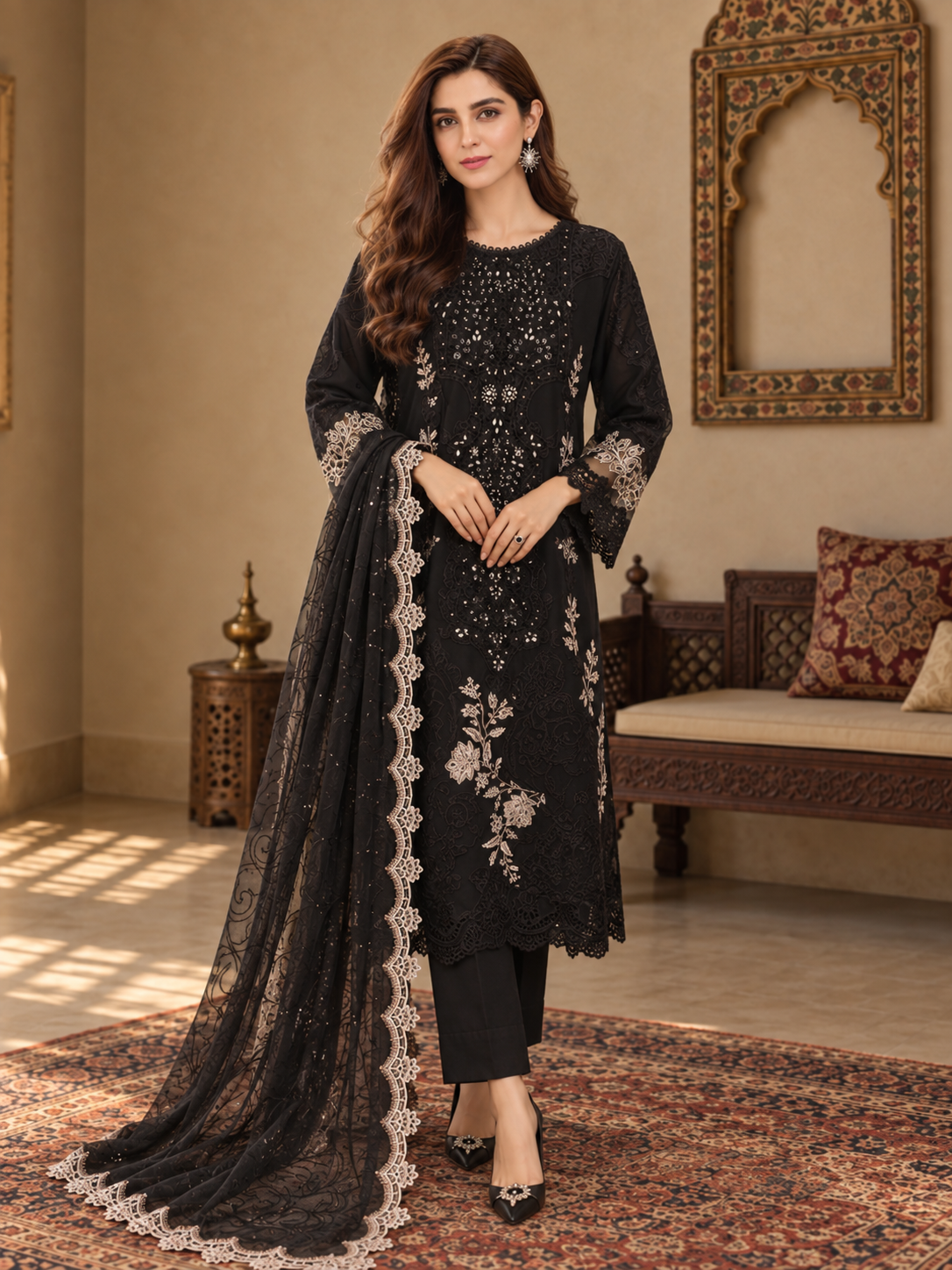 MOMINA "Leher" Embroidered Chiffon 3-Piece Suit - Black