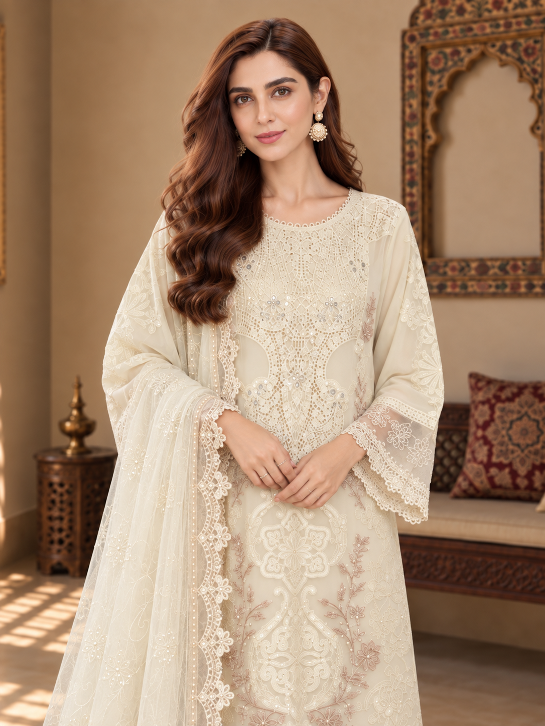 MOMINA "Leher" Embroidered Chiffon 3-Piece Suit - Ivory