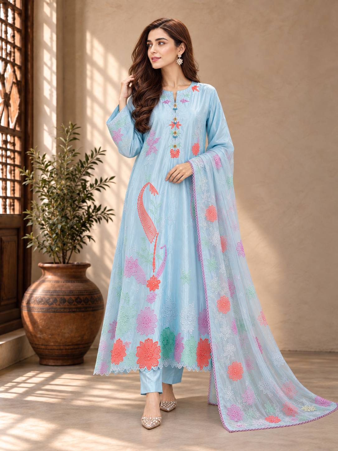 MOMINA Silk Kaftan Embroidered 3-Piece Suit - Blue