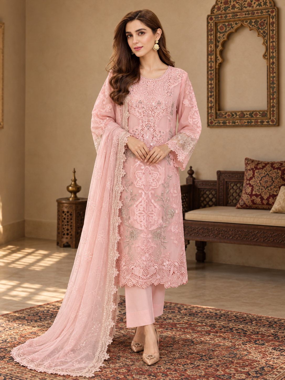 MOMINA "Leher" Embroidered Chiffon 3-Piece Suit - Blush Pink