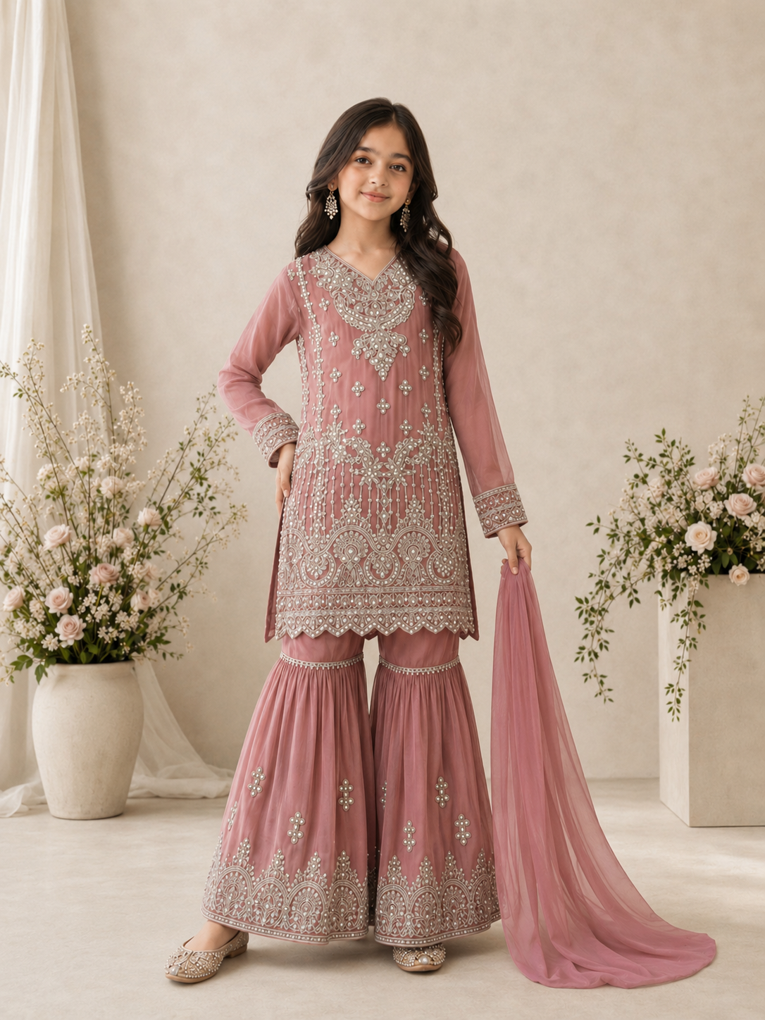 Girls Chiffon Embroidered Gharara Suit - Dusky Pink