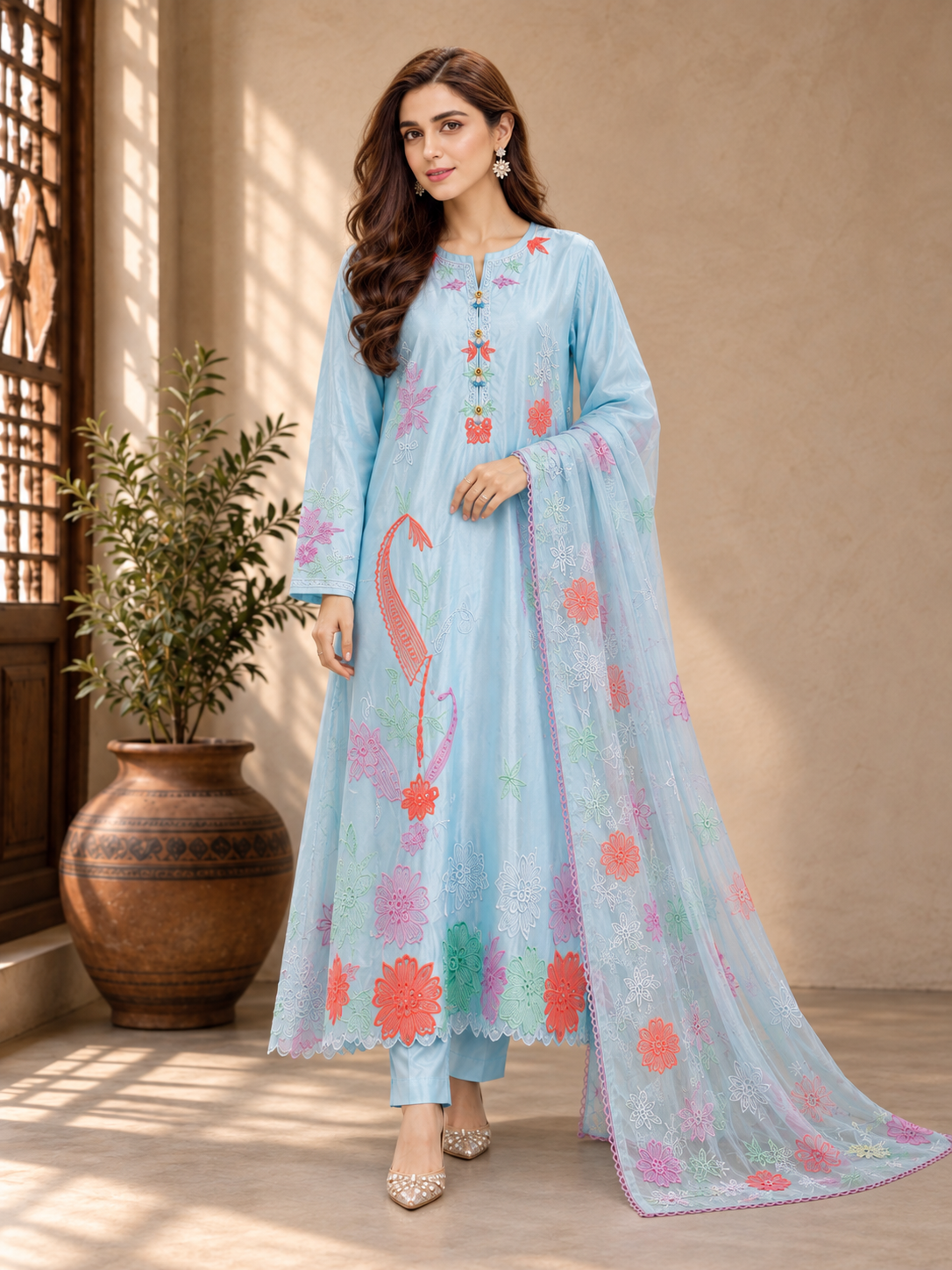 MOMINA Silk Kaftan Embroidered 3-Piece Suit - Blue