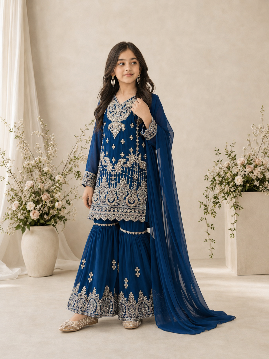 Girls Chiffon Embroidered Gharara Suit - Blue