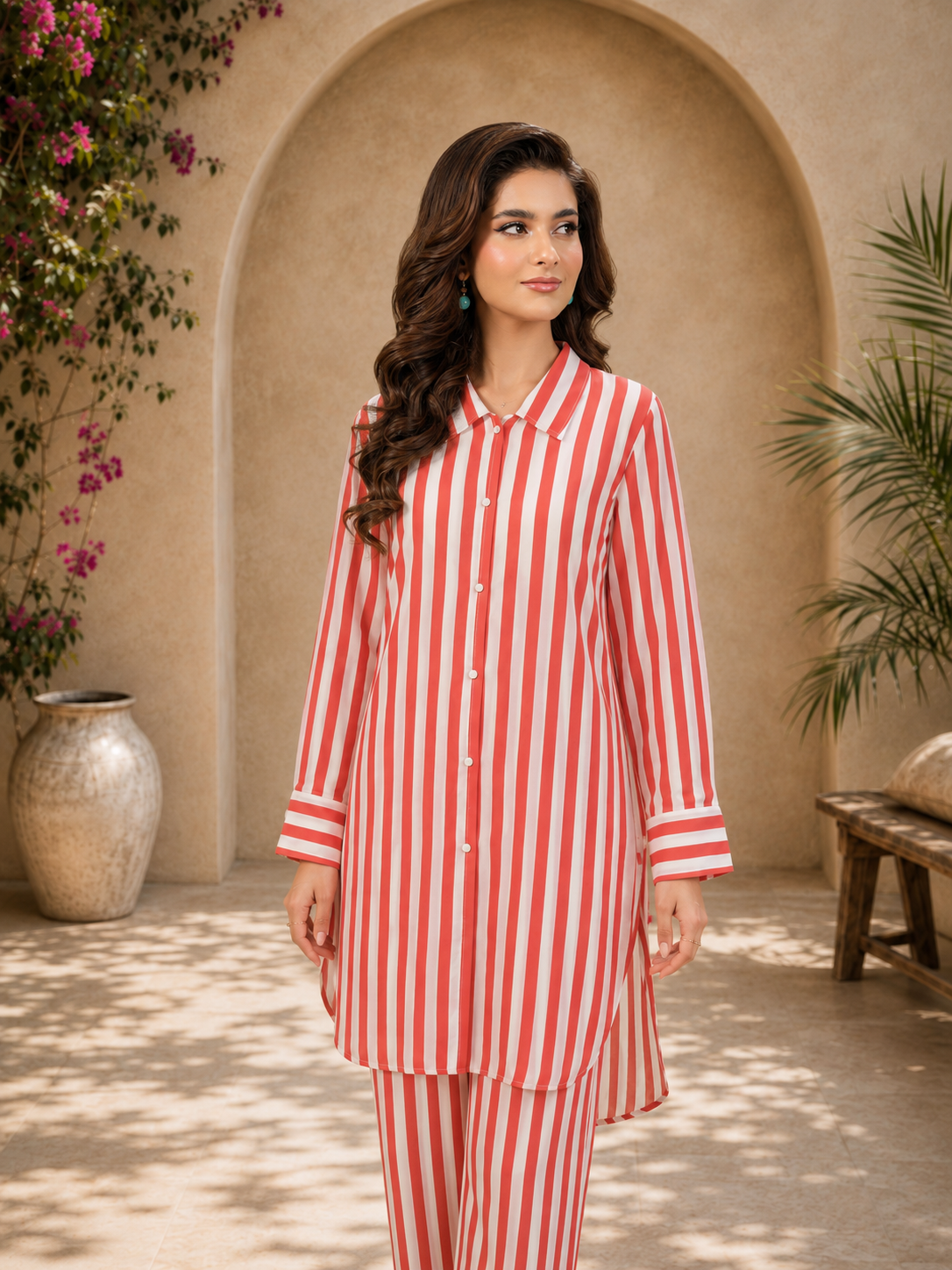 Co-Ords Georgette Casual 2-Piece Suit - Red & White