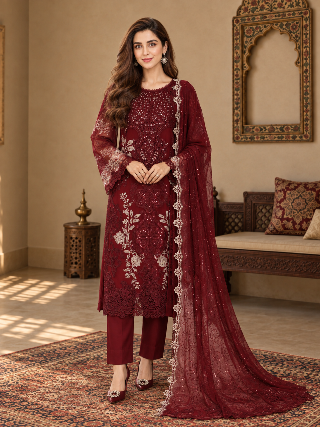 MOMINA "Leher" Embroidered Chiffon 3-Piece Suit - Burgundy