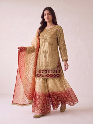 Gold embroidered net suit with sharara - three-quarter view
