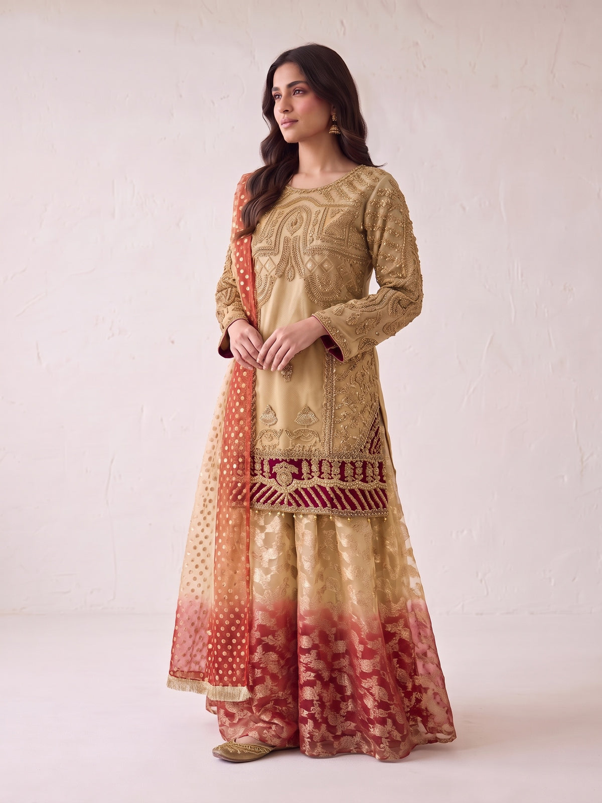 Gold embroidered net suit with sharara - angled view