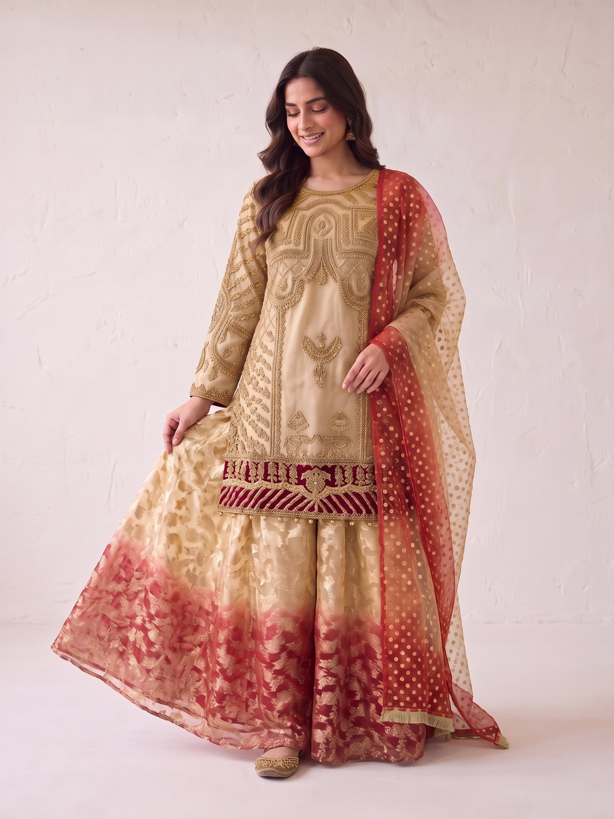 Champagne gold to red ombre jacquard sharara - flare view