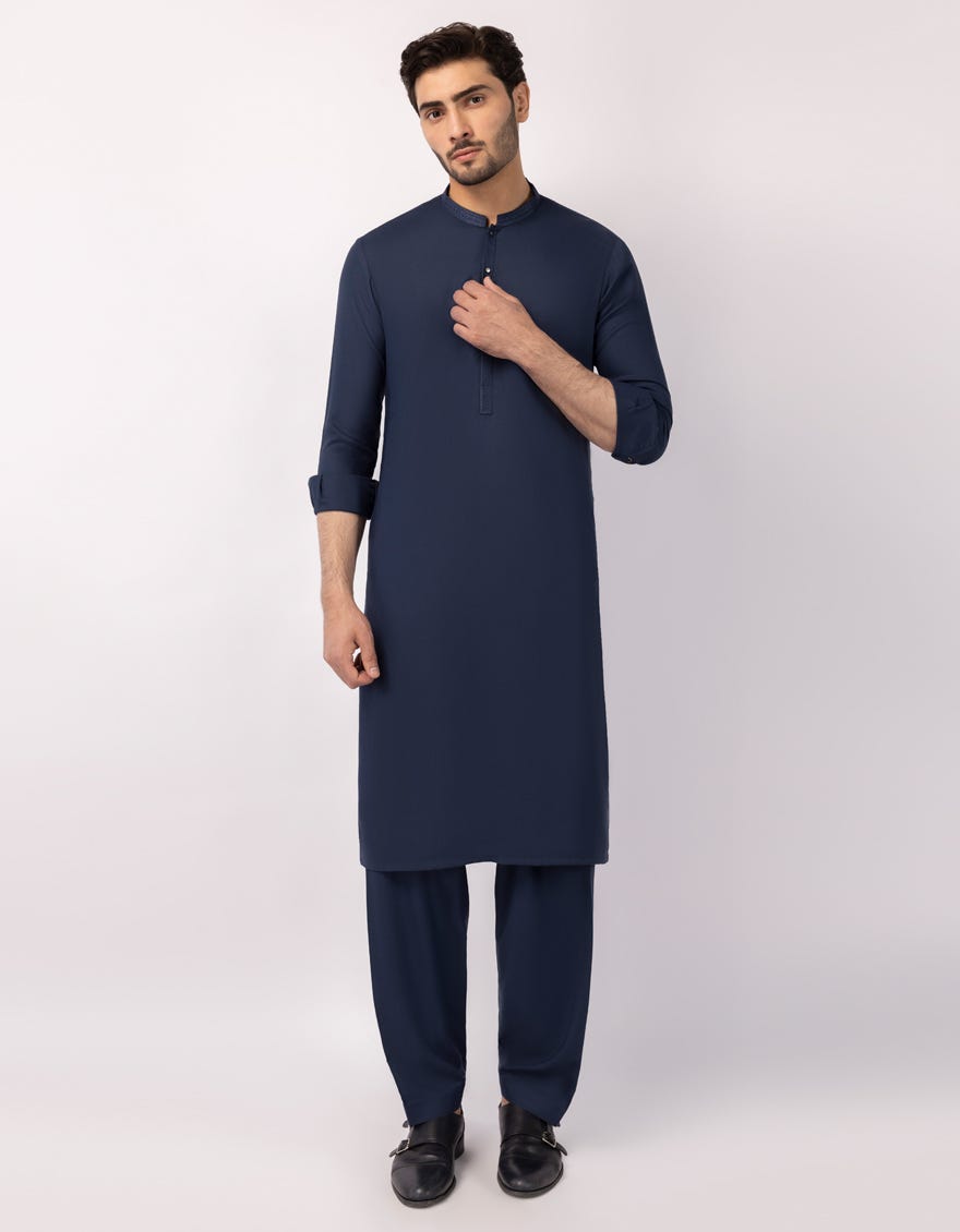 J. Mens Navy Blue Blended Semi-Formal Kameez Shalwar