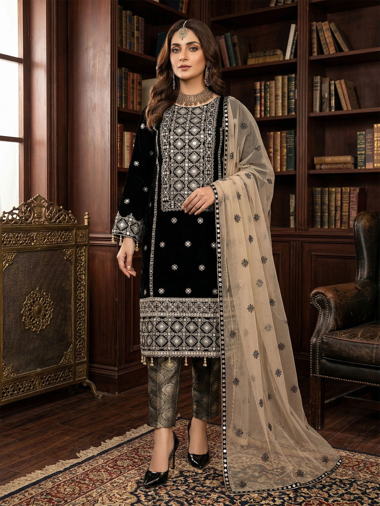 Velvet Heavy Embroidered Black 3-Piece Suit