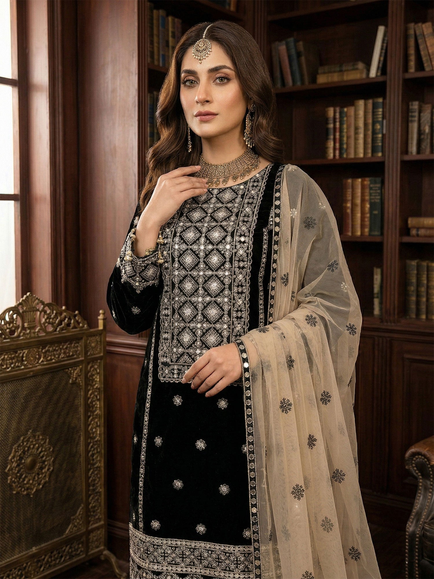 Velvet Heavy Embroidered Black 3-Piece Suit