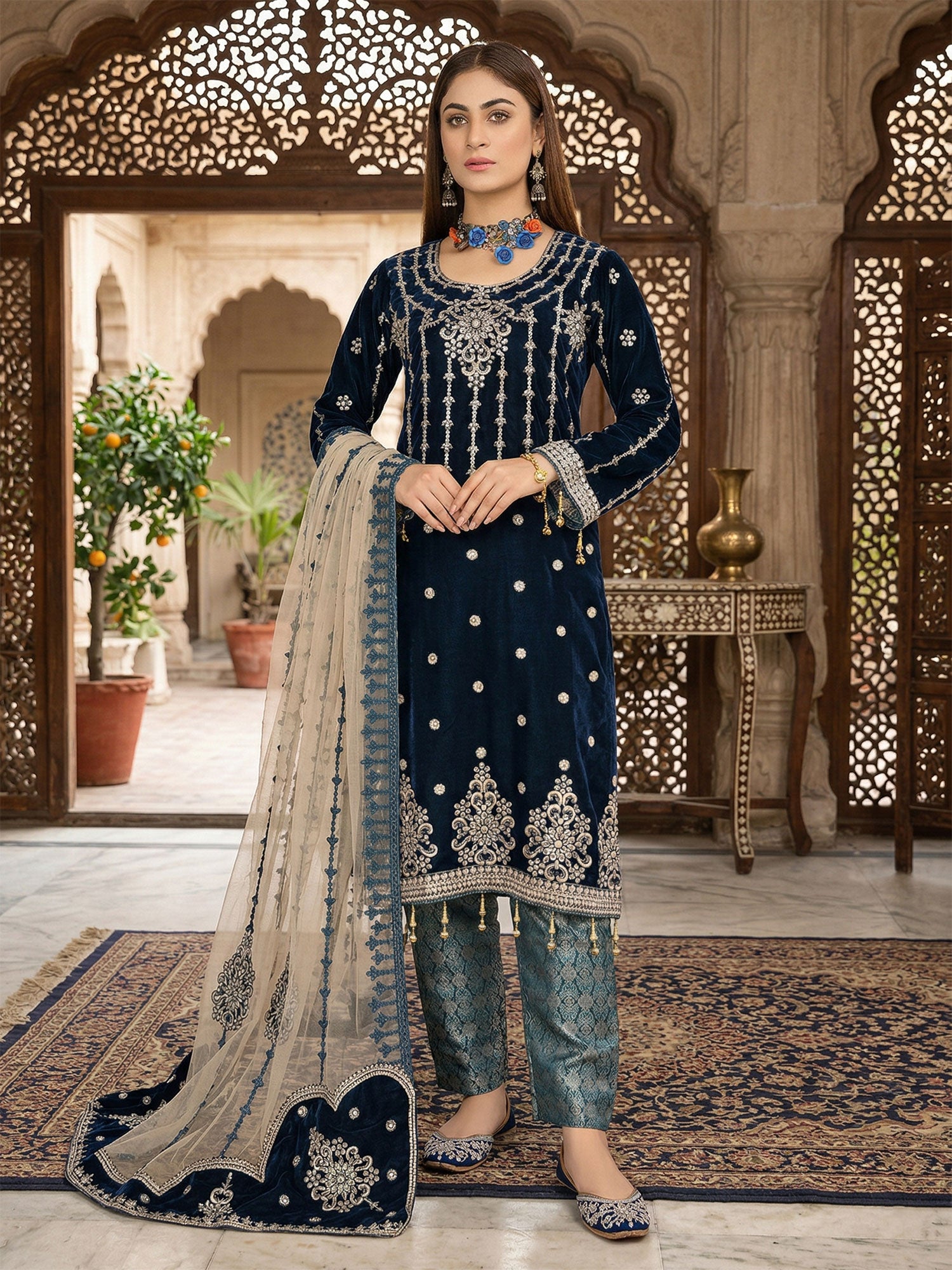 Velvet Heavy Embroidered Zinc 3-Piece Suit