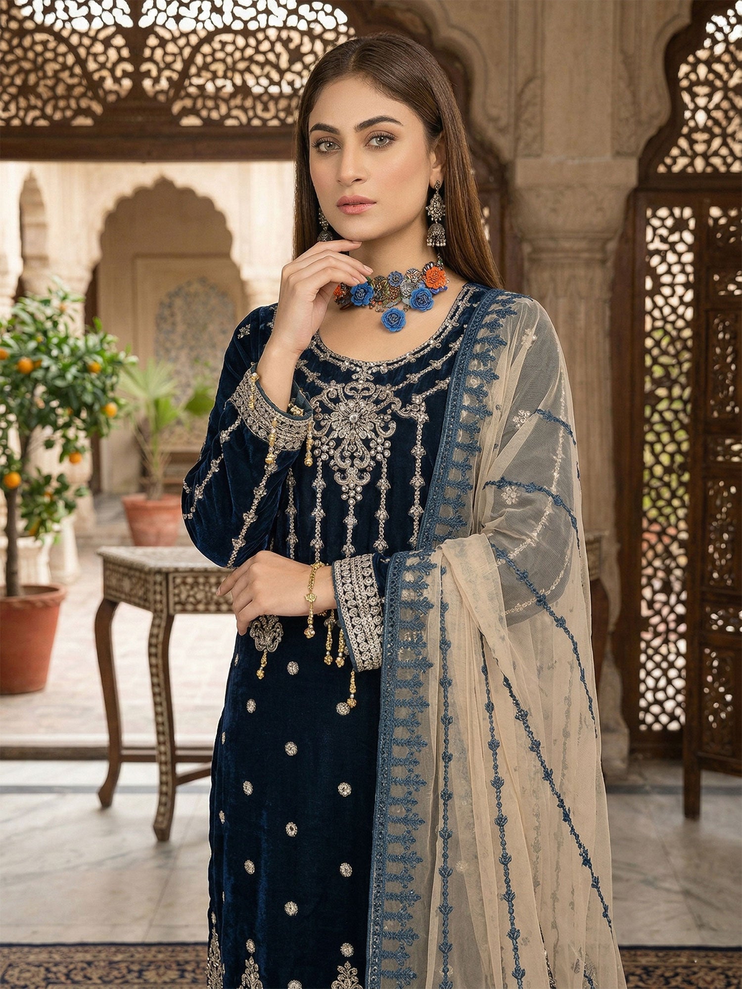 Velvet Heavy Embroidered Zinc 3-Piece Suit