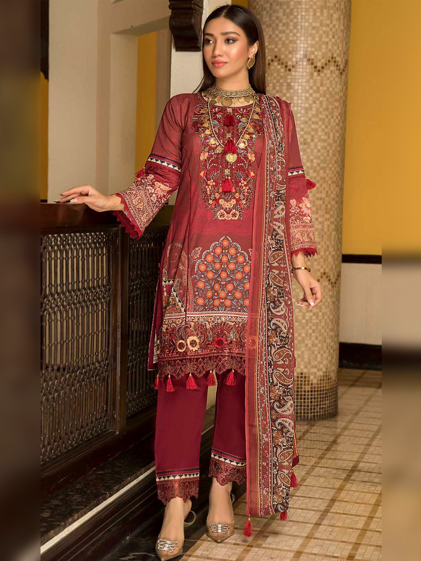 Munira Designer Maroon Embroidered Lawn Suit (MSL-06)