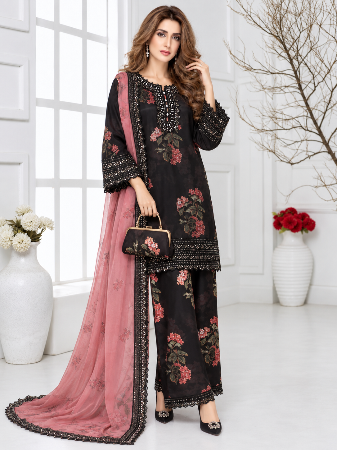 MOMINA "Adaa" Embroidered Organza & Silk Suit with Clutch - Black
