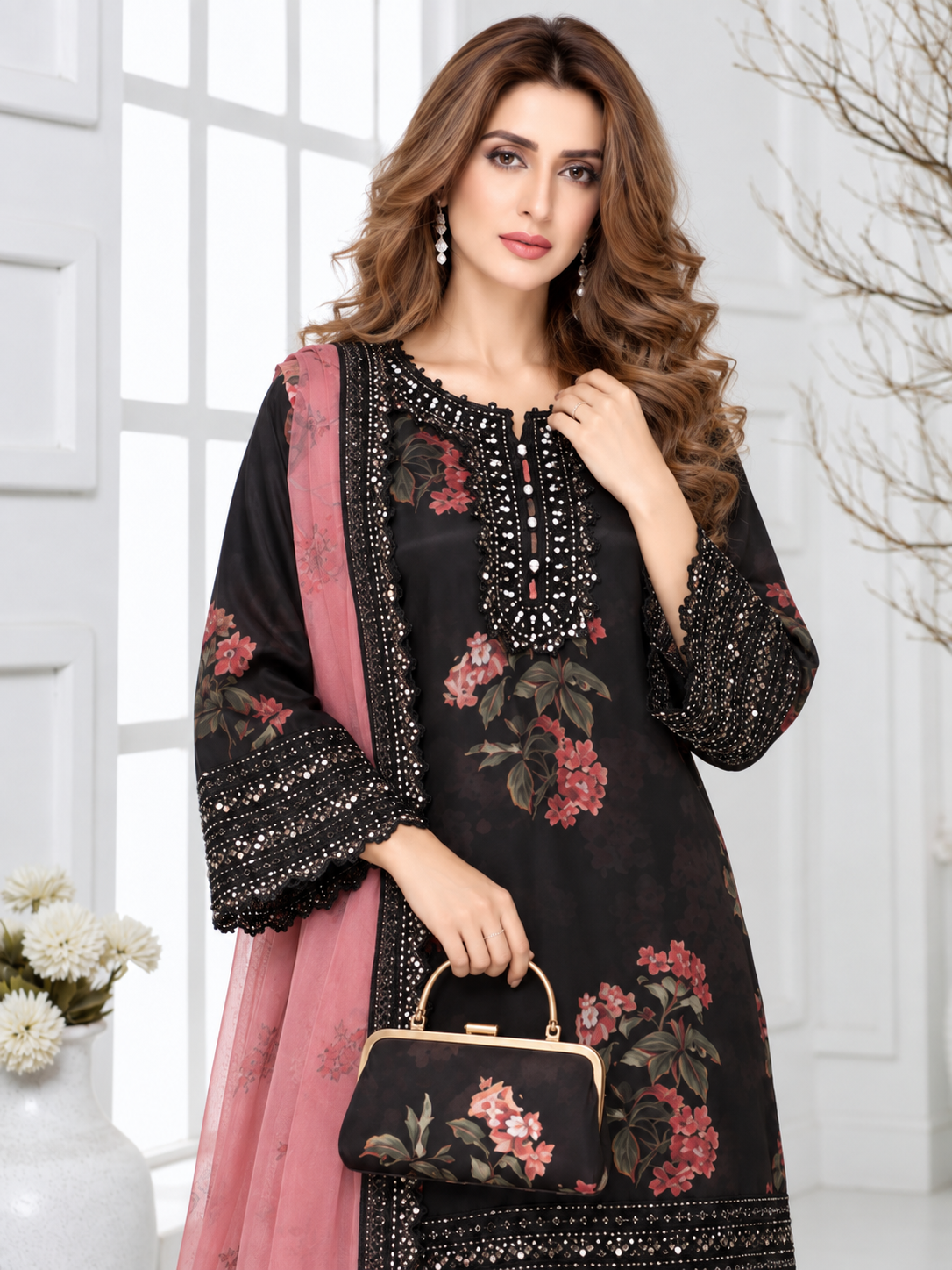 MOMINA "Adaa" Embroidered Organza & Silk Suit with Clutch - Black