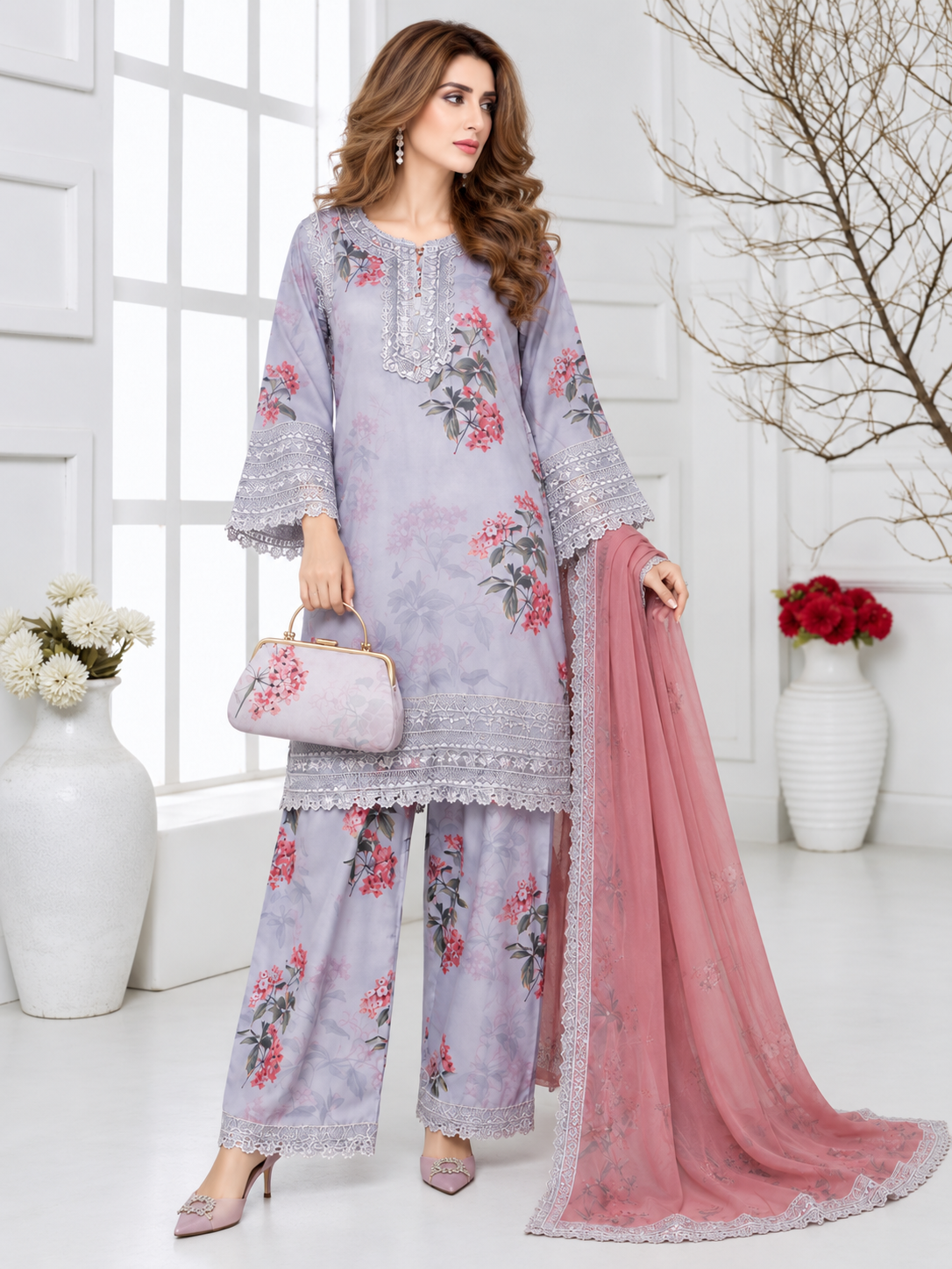 MOMINA "Adaa" Embroidered Organza & Silk Suit with Clutch - Lilac