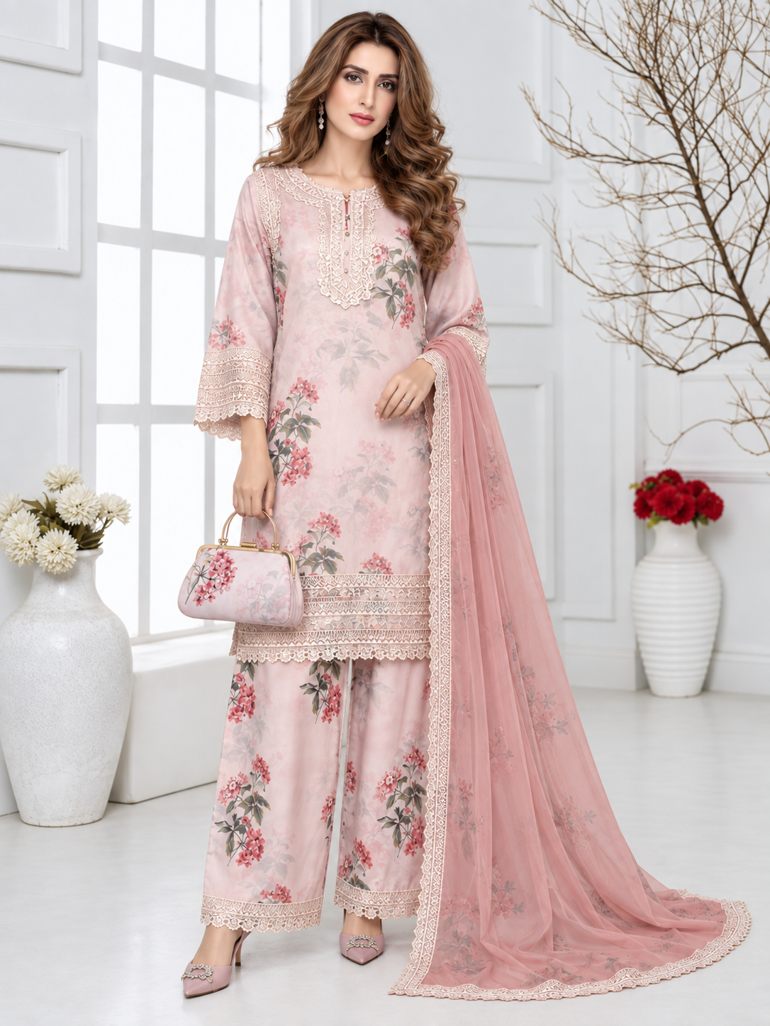 MOMINA "Adaa" Embroidered Organza & Silk Suit with Clutch - Pink