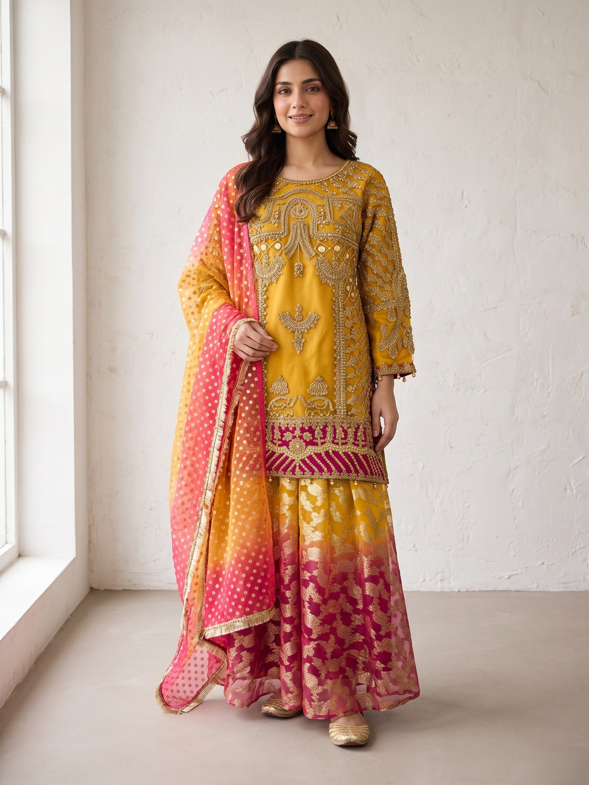 Mustard embroidered net suit with sharara and ombre dupatta - front view