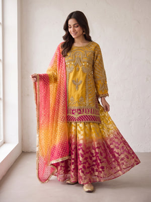 Mustard to magenta ombre jacquard sharara - flare view