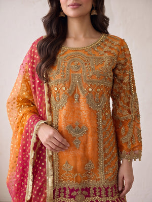 Heavy tilla embroidery close-up on orange net shirt