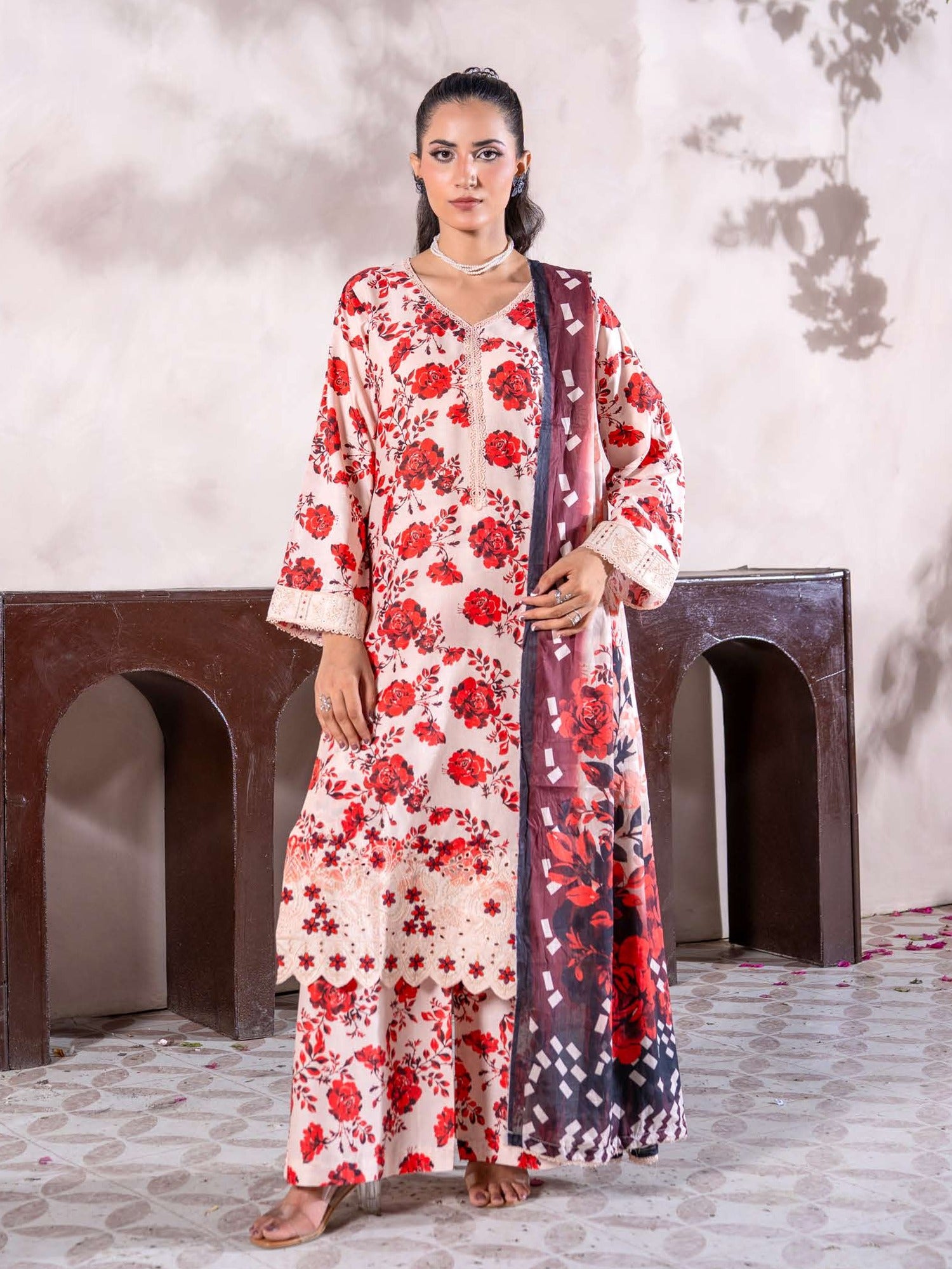Rangz "Meraki" Summer Lawn 3-Piece Suit - Red