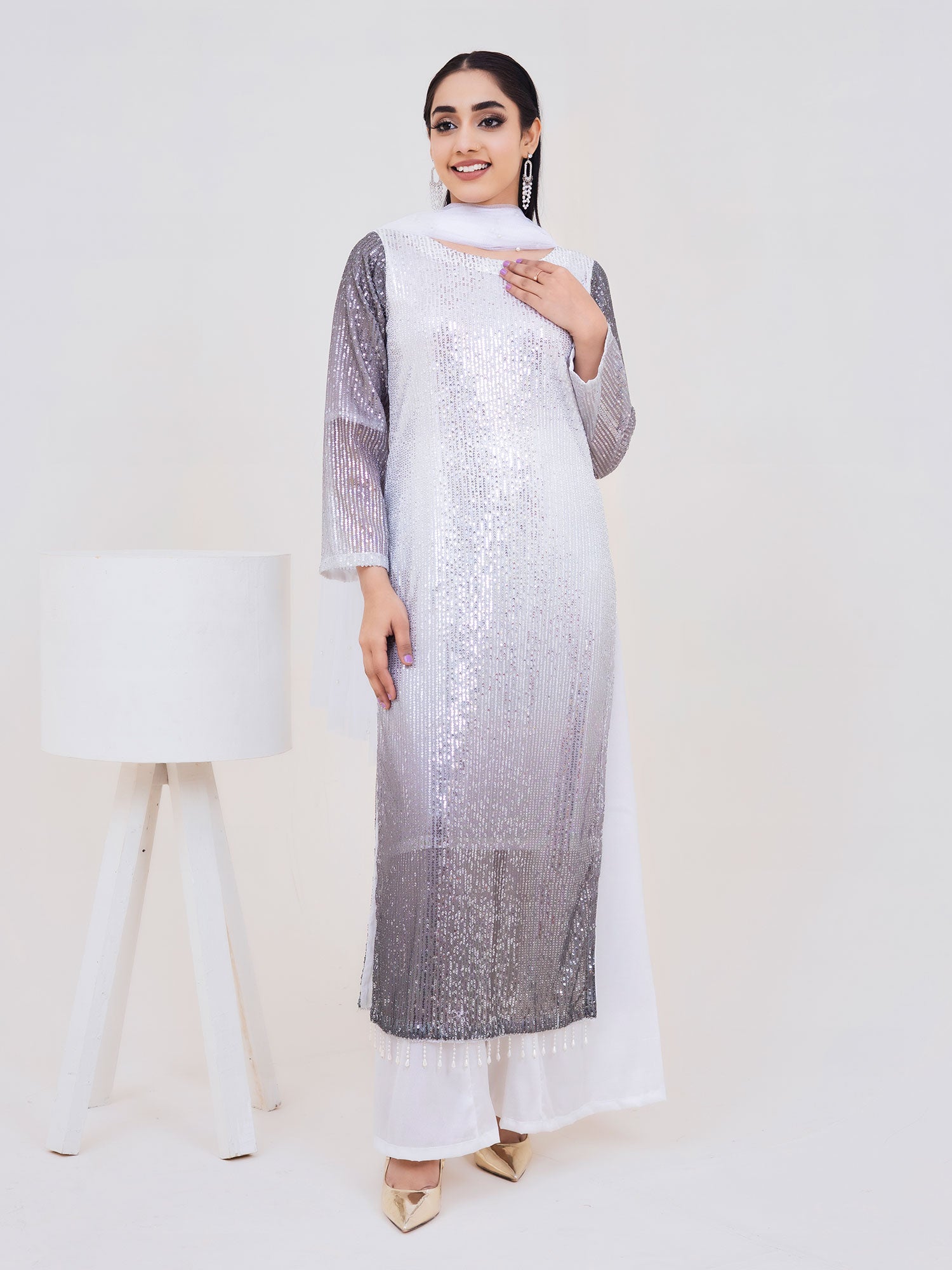 Rangz Sequins 3-Piece Suit - White & Grey