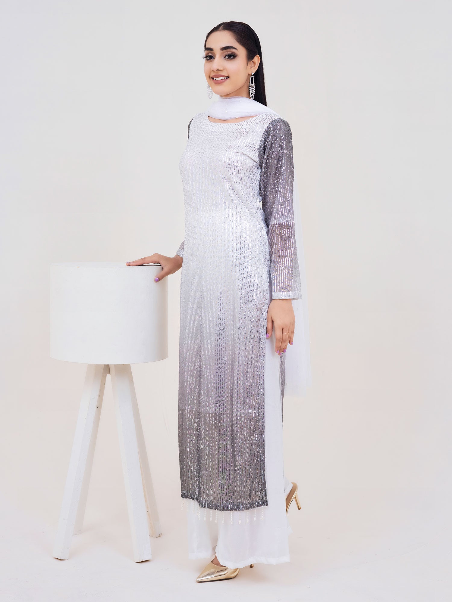 Rangz Sequins 3-Piece Suit - White & Grey