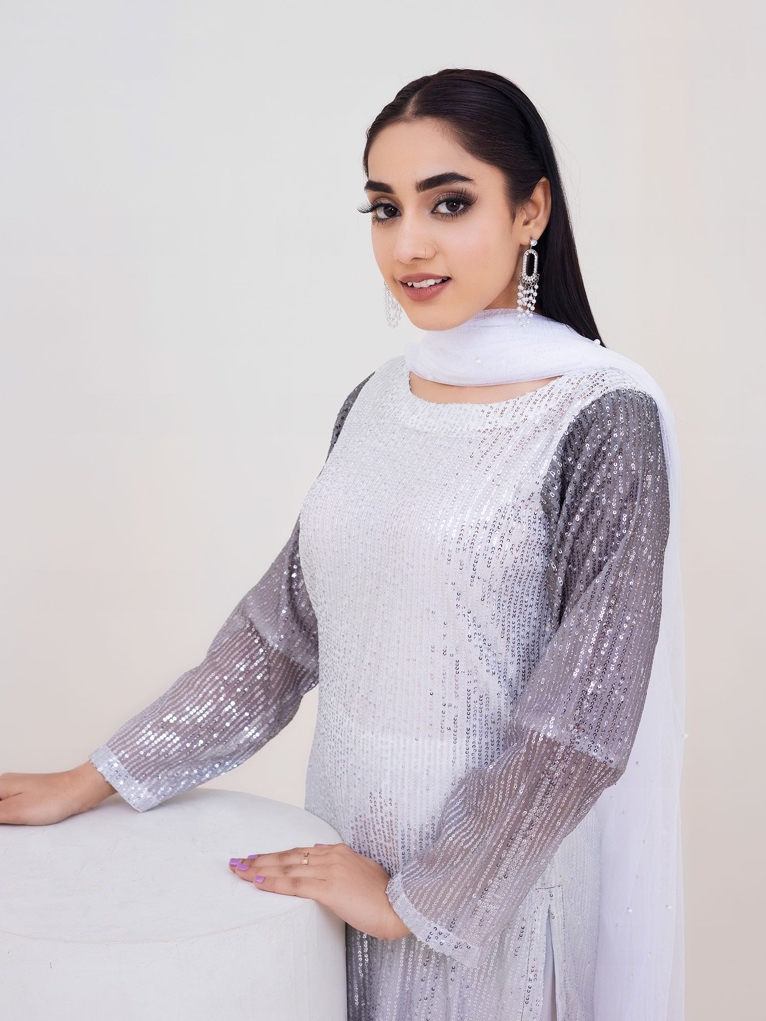 Rangz Sequins 3-Piece Suit - White & Grey