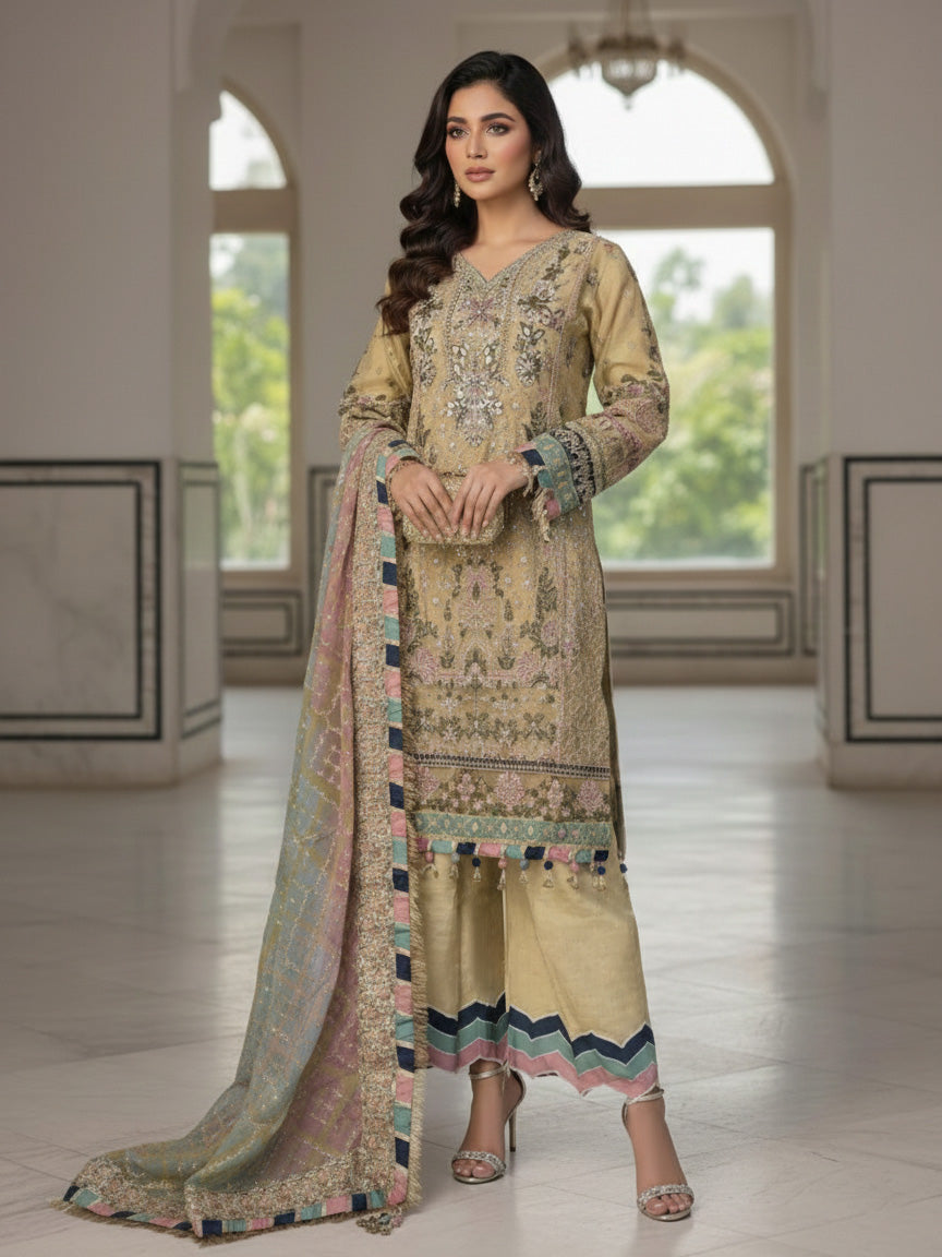 Ally's Gold-Beige Heavy Embroidered Khaadi-Net Suit