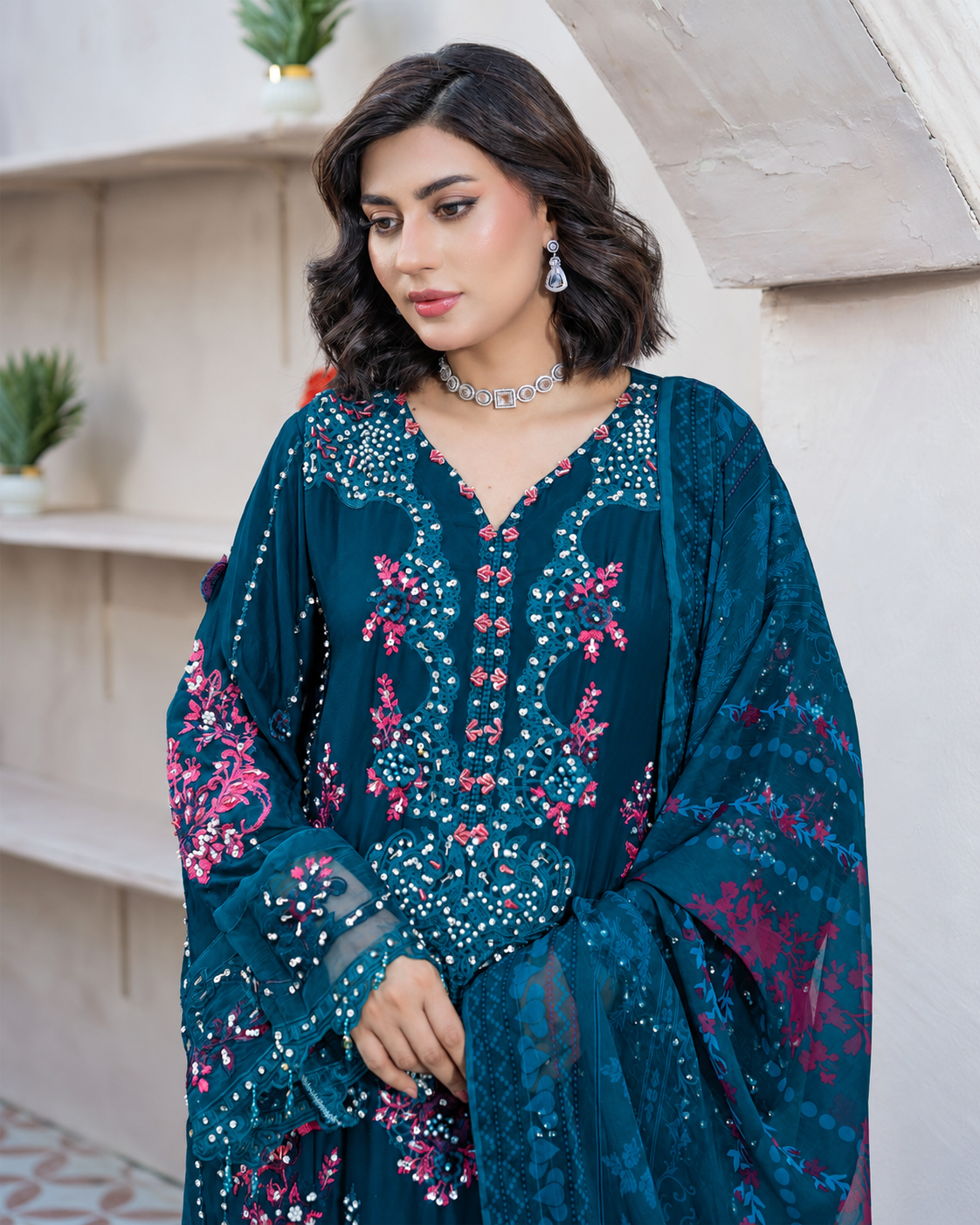 Rangz "Maeri" Embroidered Chiffon 3-Piece Suit - Teal