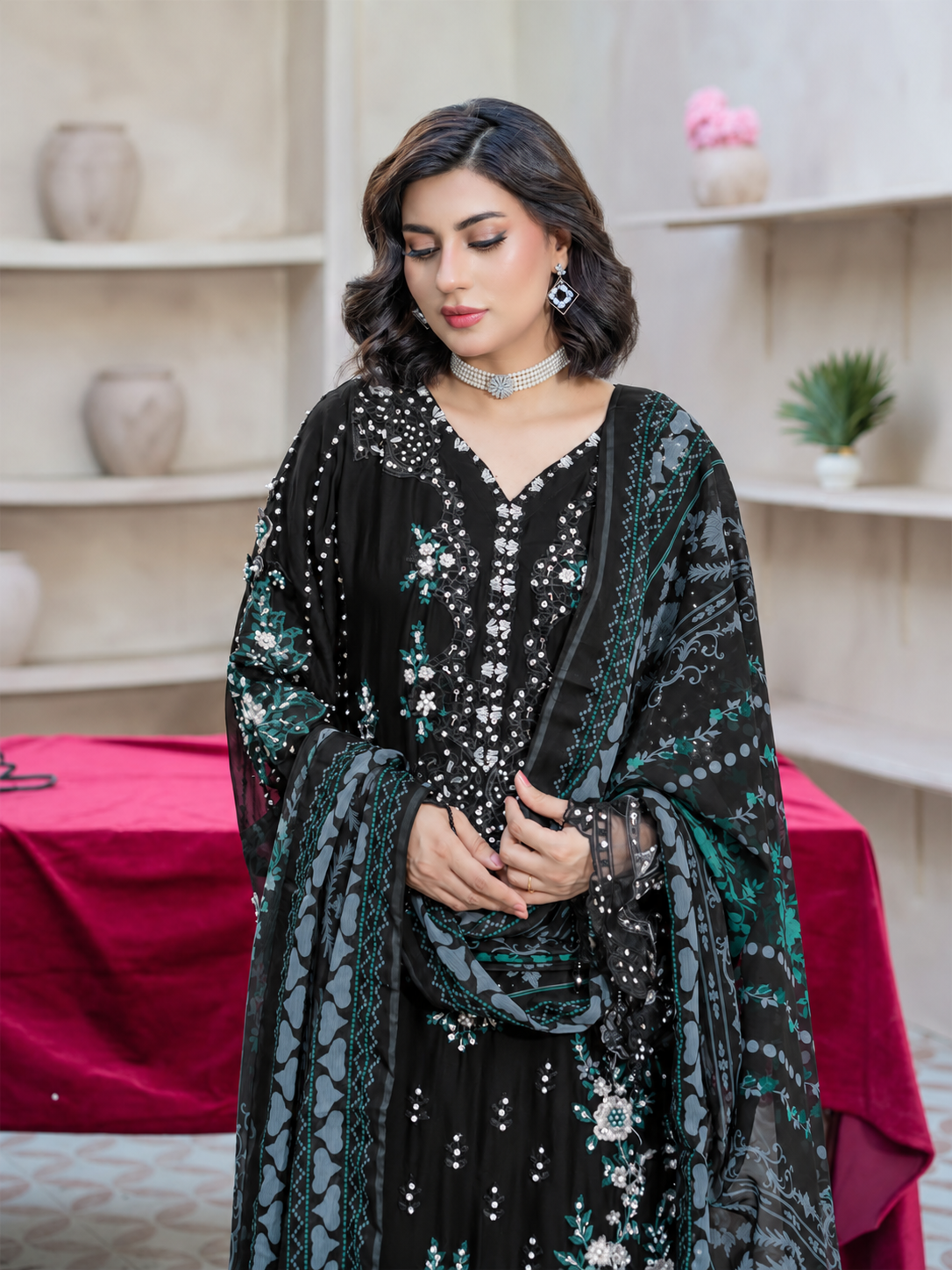 Rangz "Maeri" Embroidered Chiffon 3-Piece Suit - Black & Zinc