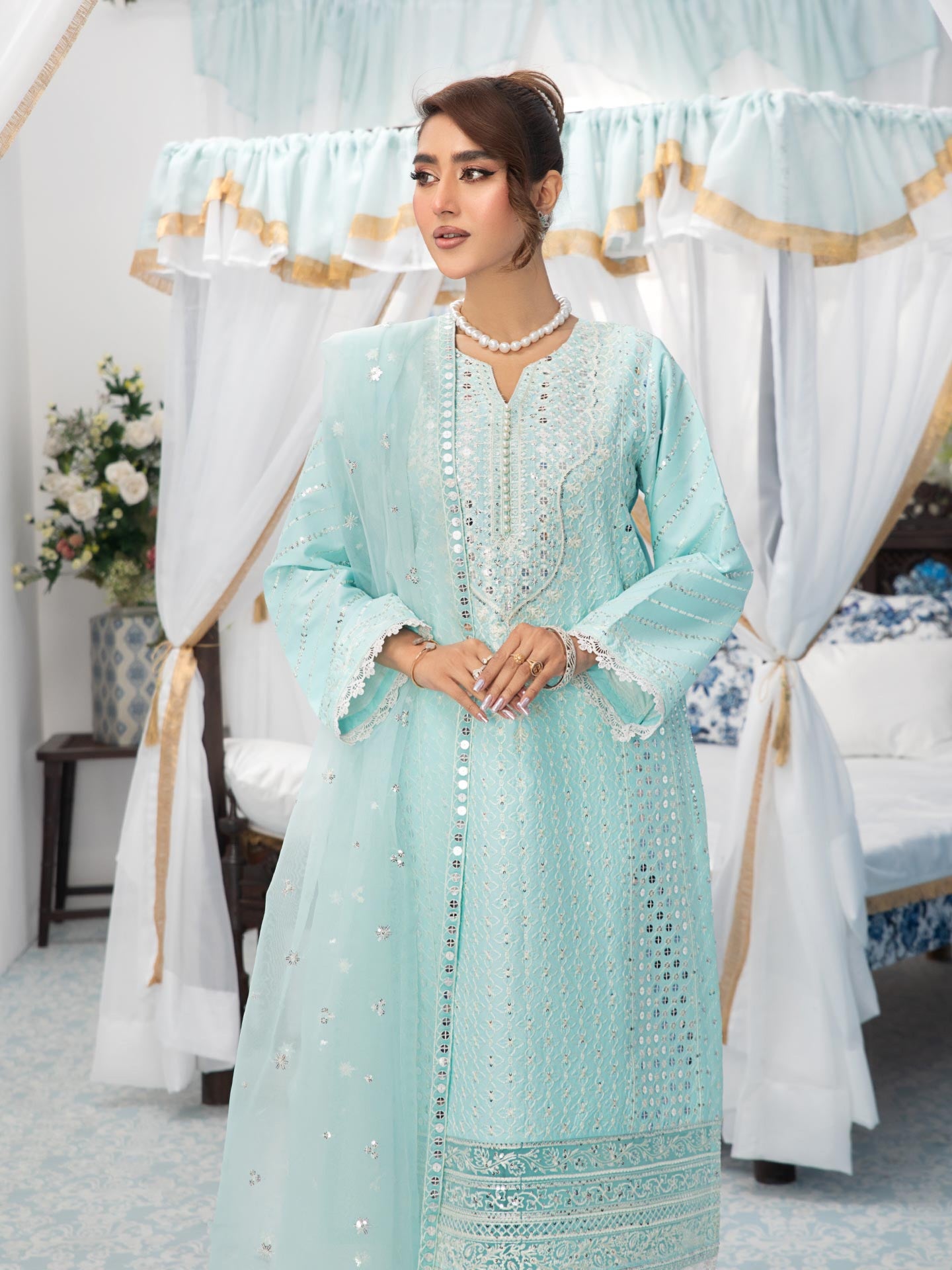 Heera's Aqua Blue Embroidered Cambric Cotton 3-Piece Suit