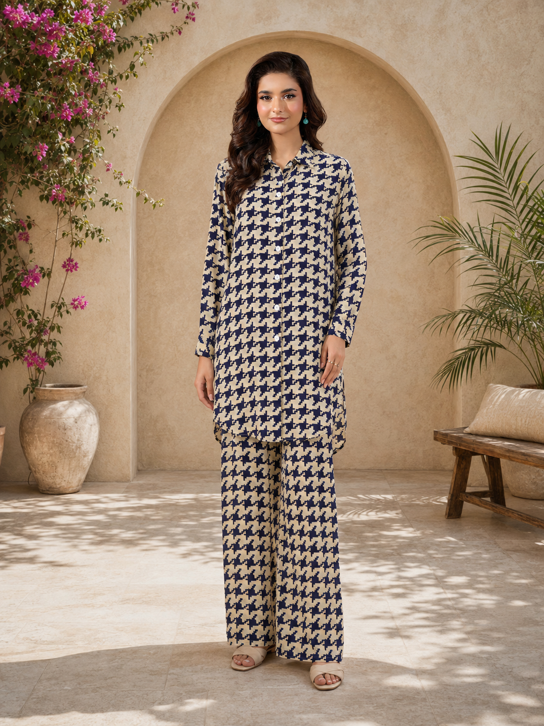Co-Ords Georgette Casual 2-Piece Suit - Beige & Navy