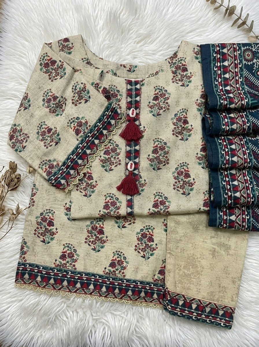 Beige Winter Soft Khaddar Casual 3-Piece Suit