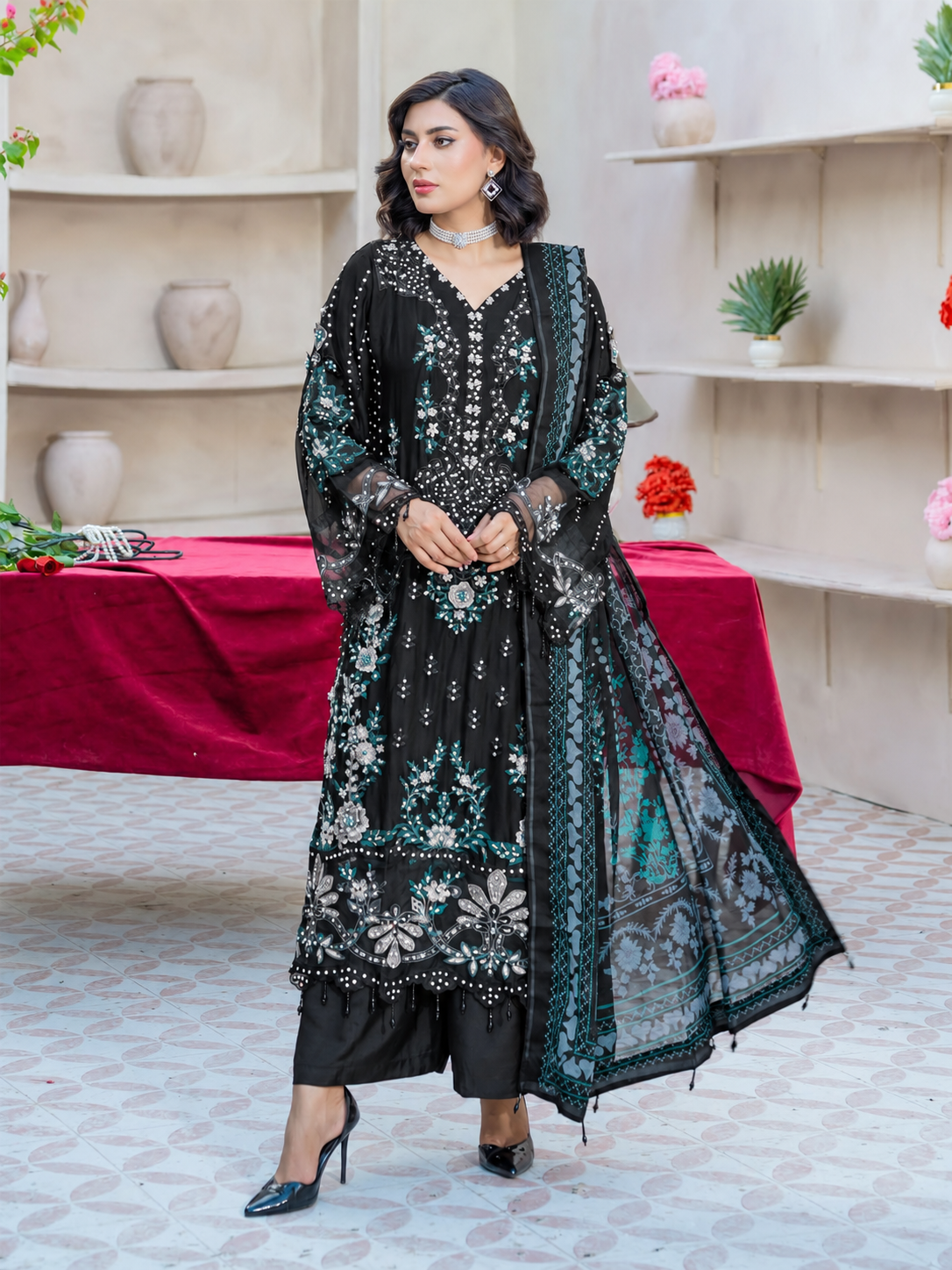 Rangz "Maeri" Embroidered Chiffon 3-Piece Suit - Black & Zinc