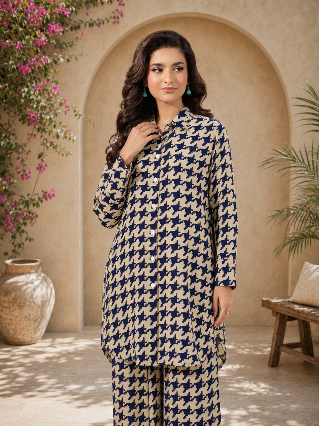 Co-Ords Georgette Casual 2-Piece Suit - Beige & Navy